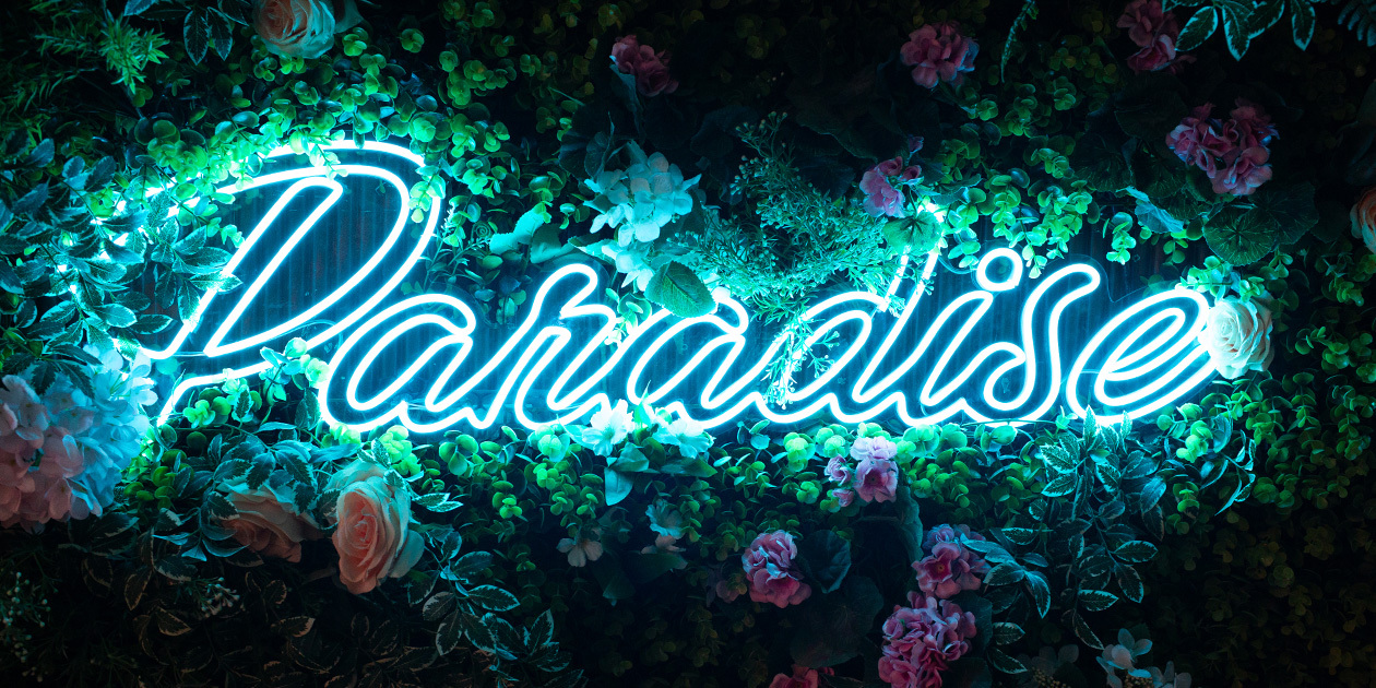 Neon Paradise sign among greenery and flowers at Paradise Soi 11
